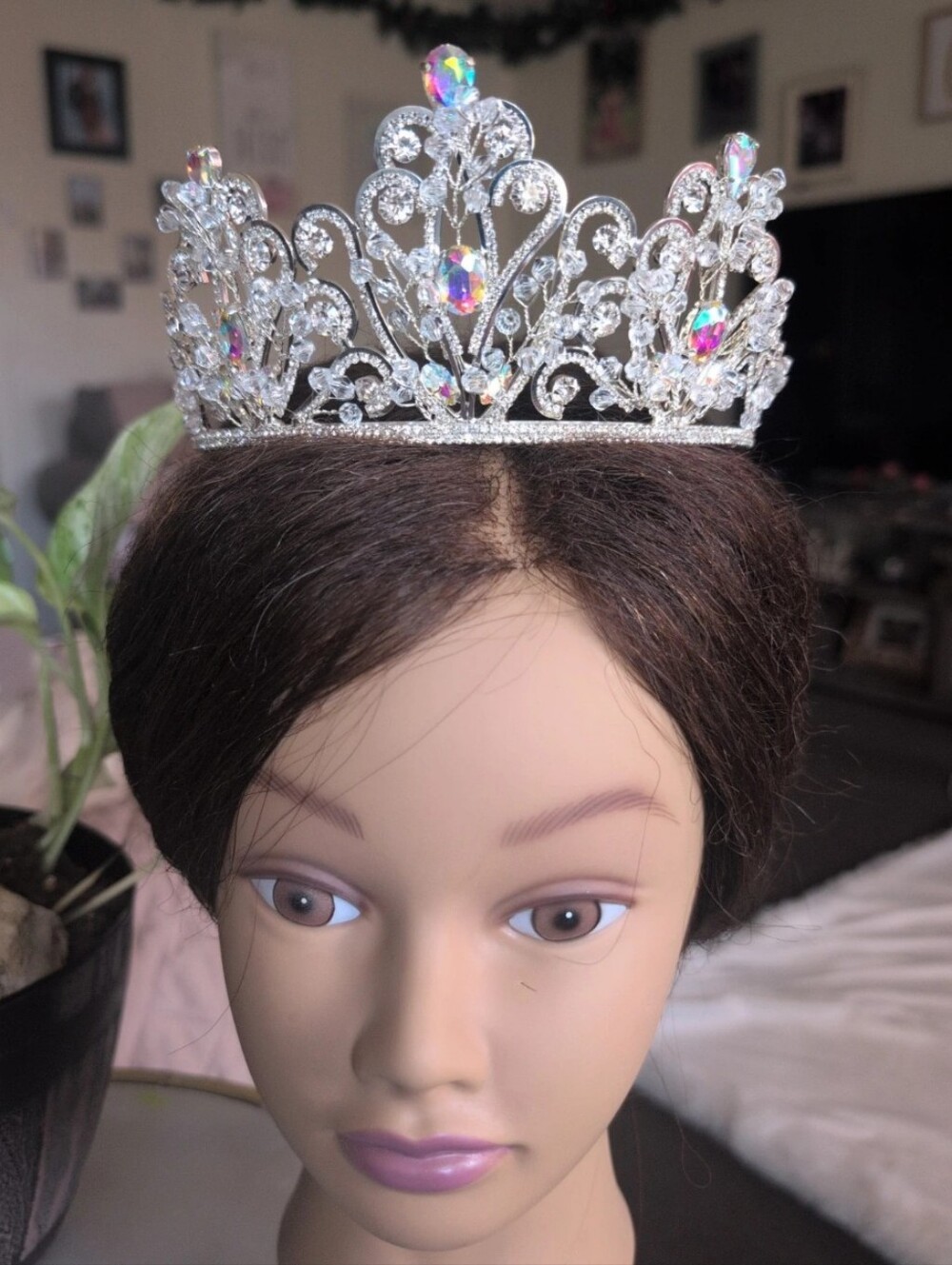 Silver Rhinestone Tiara Crown with Iridescent Gems